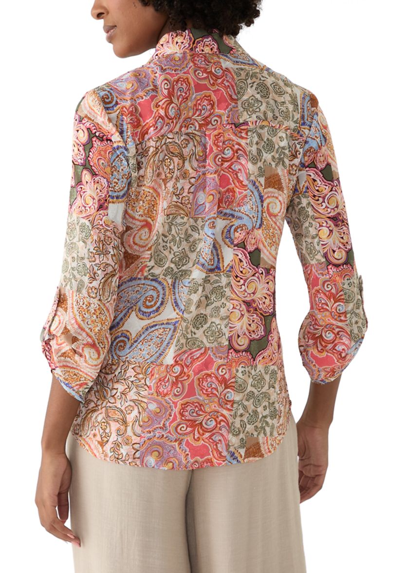 Womens Long Sleeve Printed Button Down Shirt