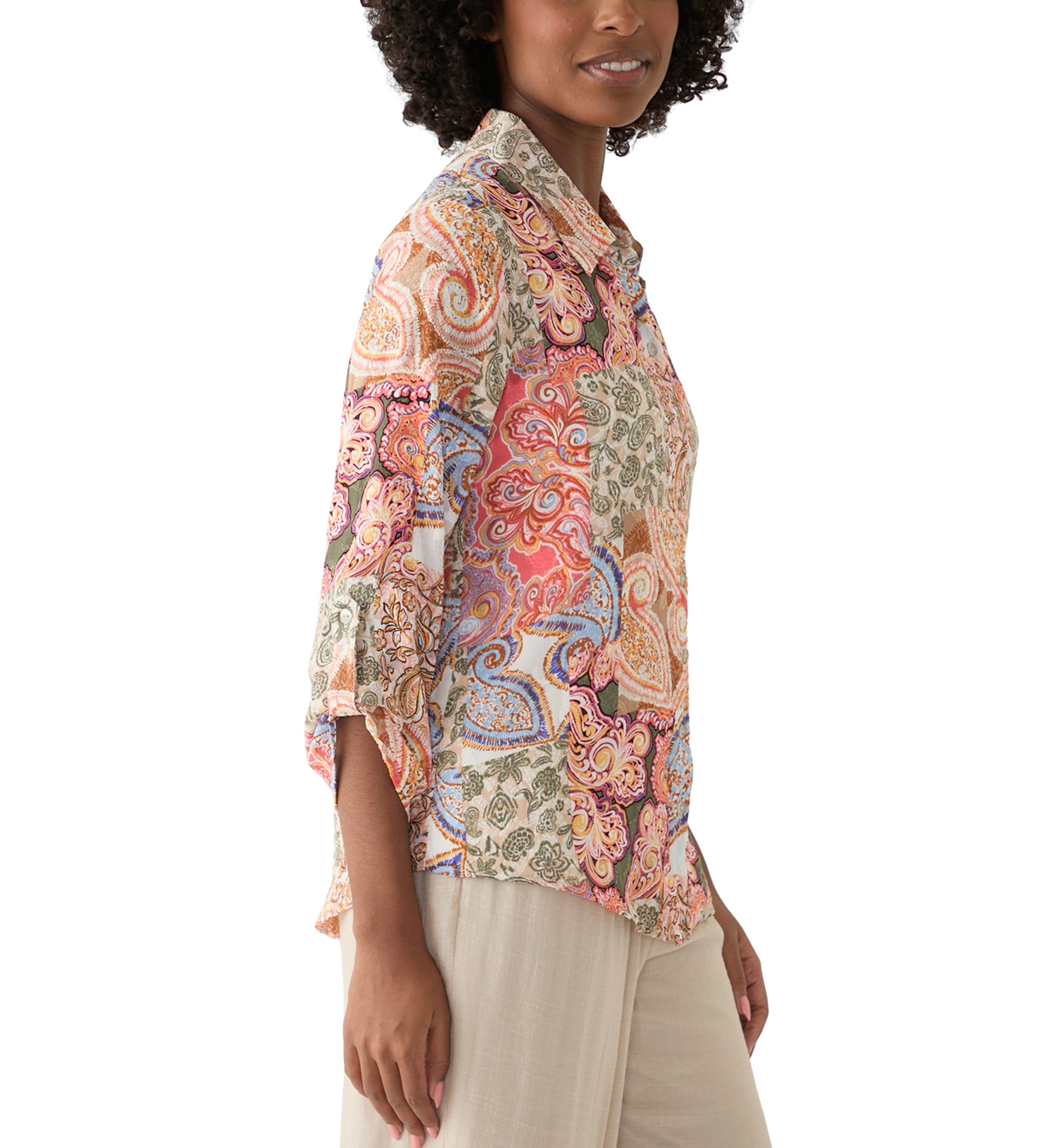 Womens Long Sleeve Printed Button Down Shirt