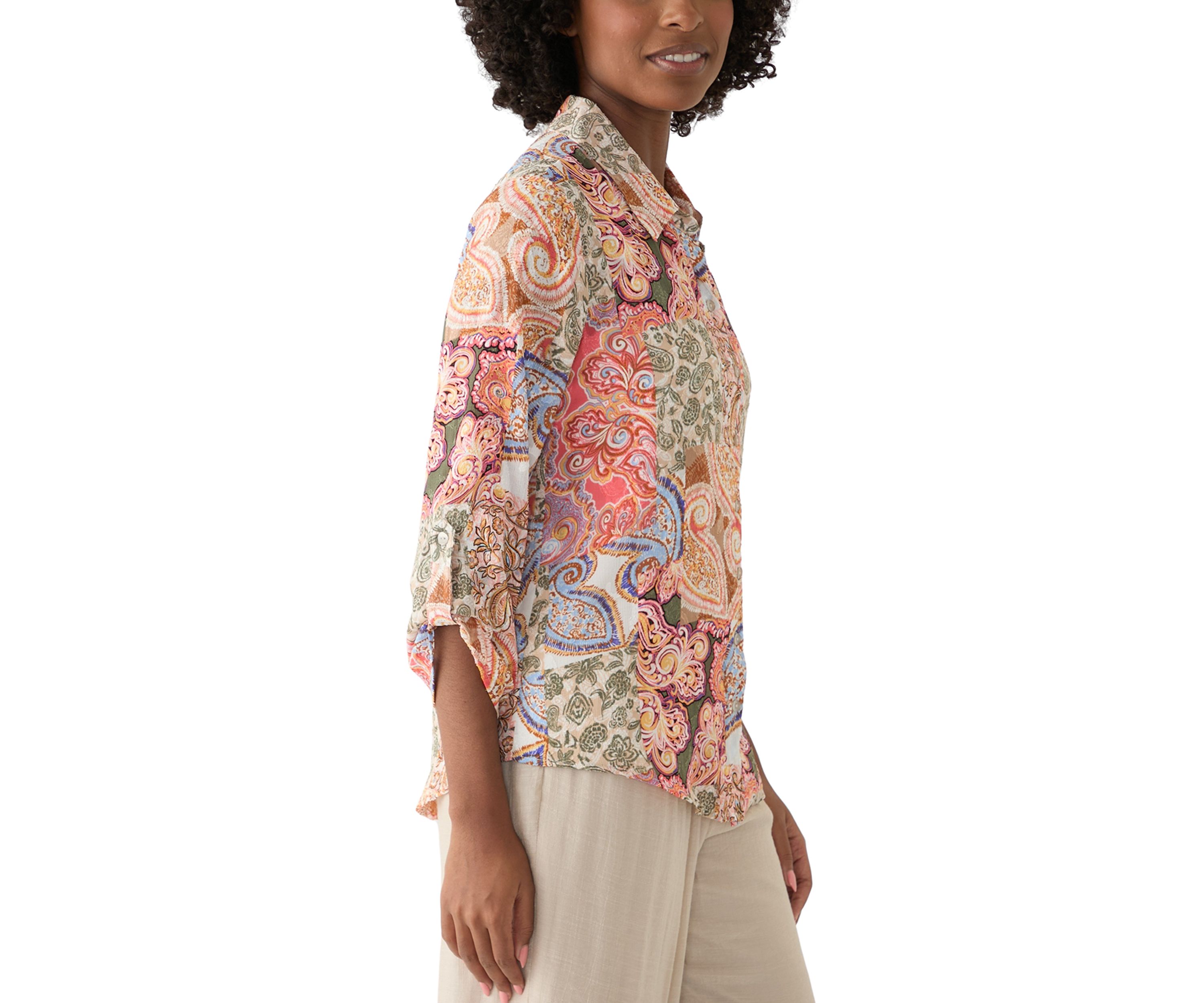 Womens Long Sleeve Printed Button Down Shirt