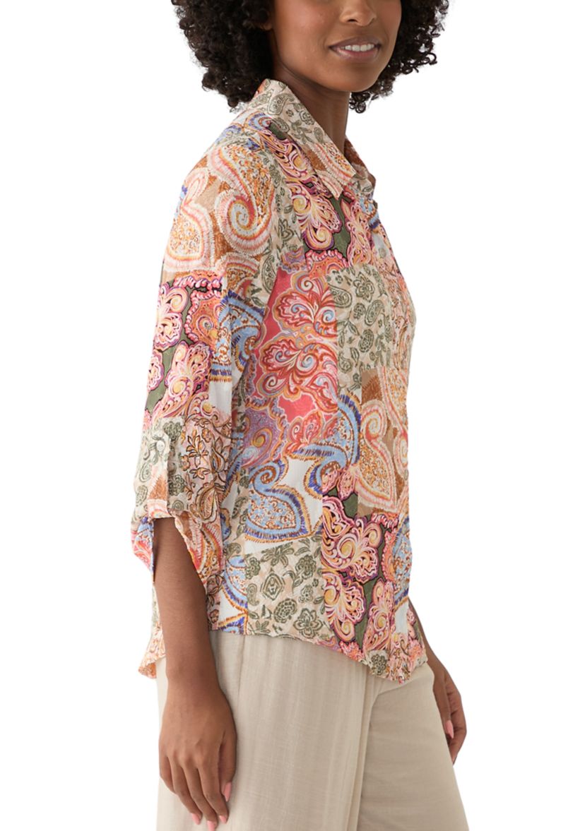 Womens Long Sleeve Printed Button Down Shirt