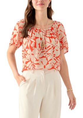 AGB Women's Short Sleeve Printed Blouse with Trim, Medium