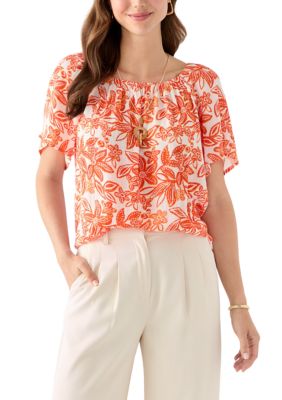 AGB Women's Short Sleeve Printed Blouse with Trim, Medium