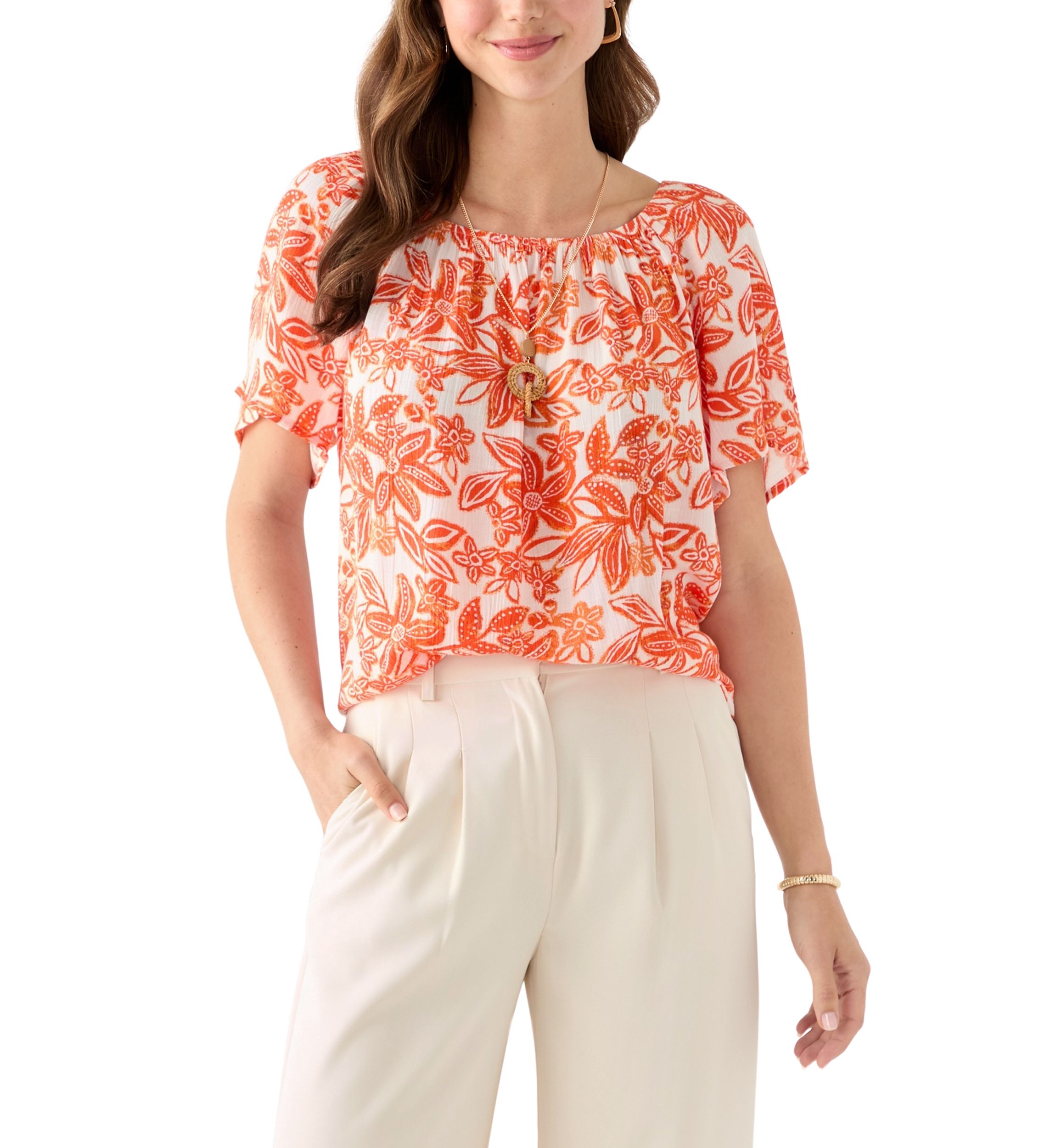 Womens Short Sleeve Printed Blouse with Trim