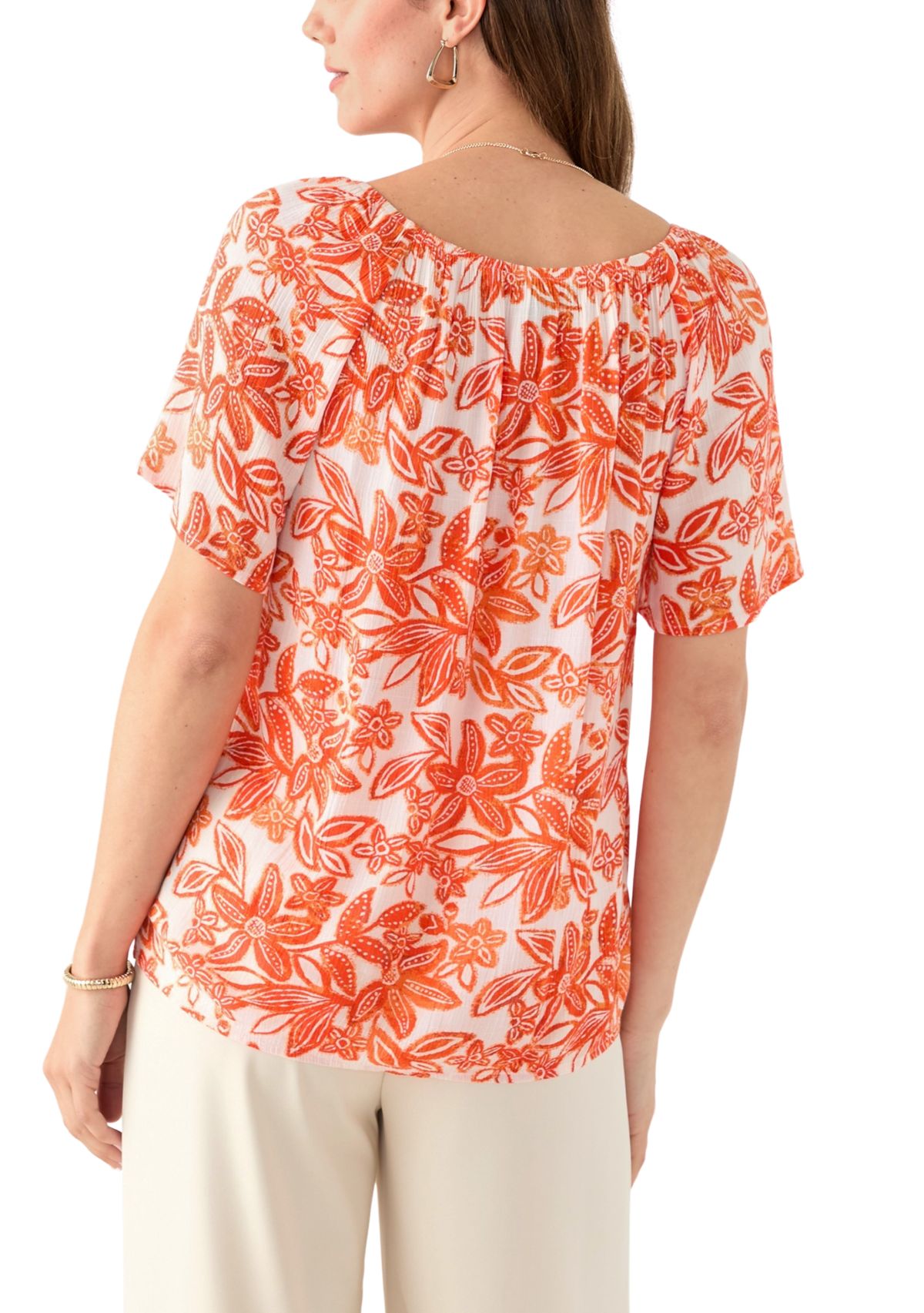 Womens Short Sleeve Printed Blouse with Trim
