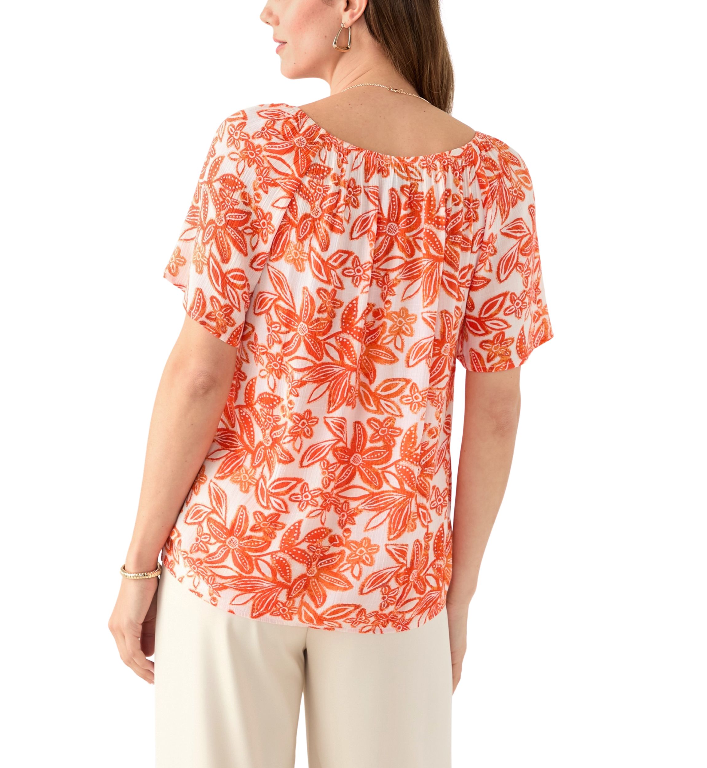 Womens Short Sleeve Printed Blouse with Trim