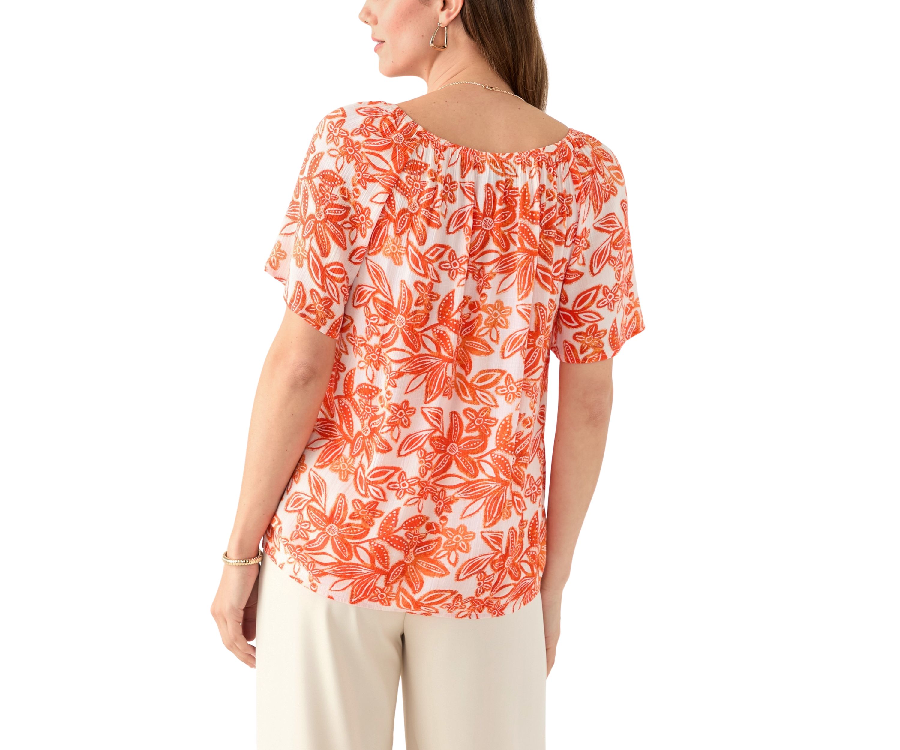 Womens Short Sleeve Printed Blouse with Trim