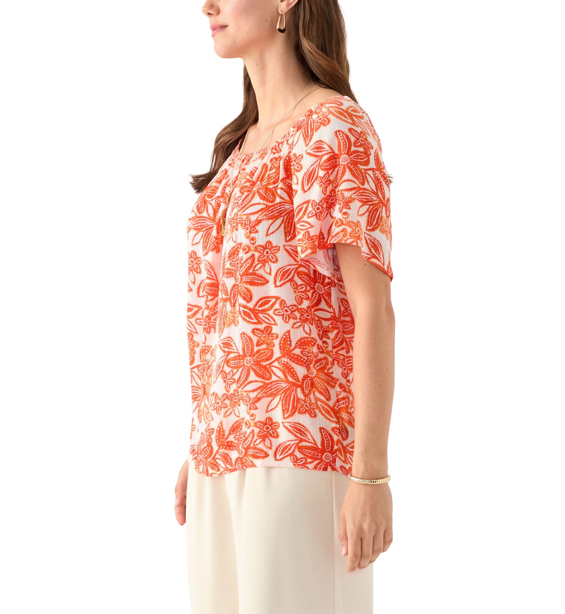 Womens Short Sleeve Printed Blouse with Trim