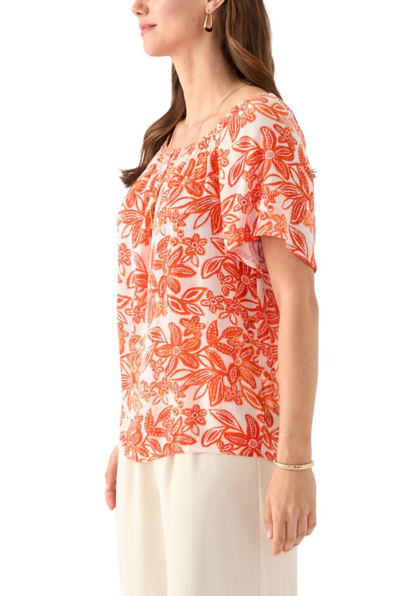 Womens Short Sleeve Printed Blouse with Trim