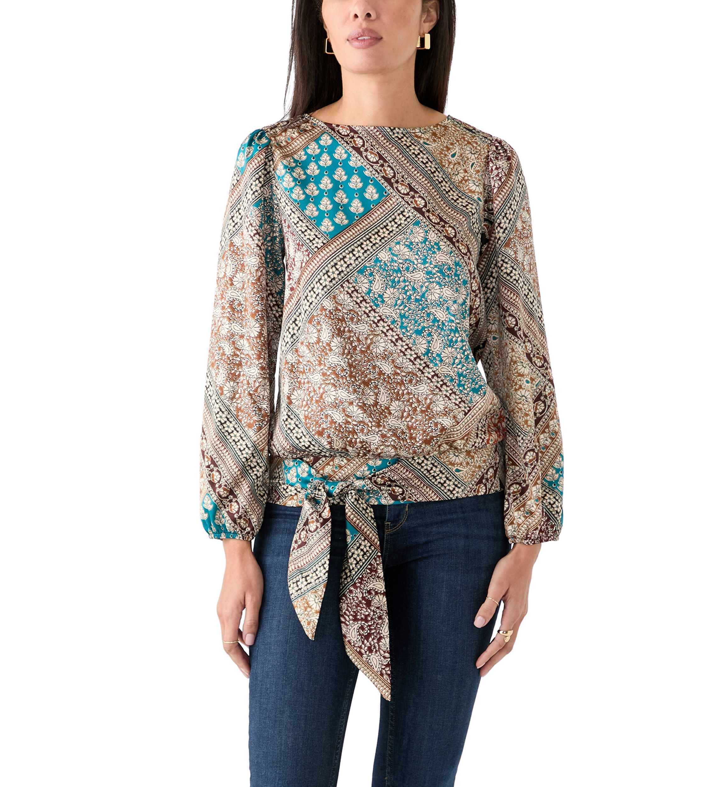 Womens Long Blouson Sleeve Banded Tie Hem Blouse