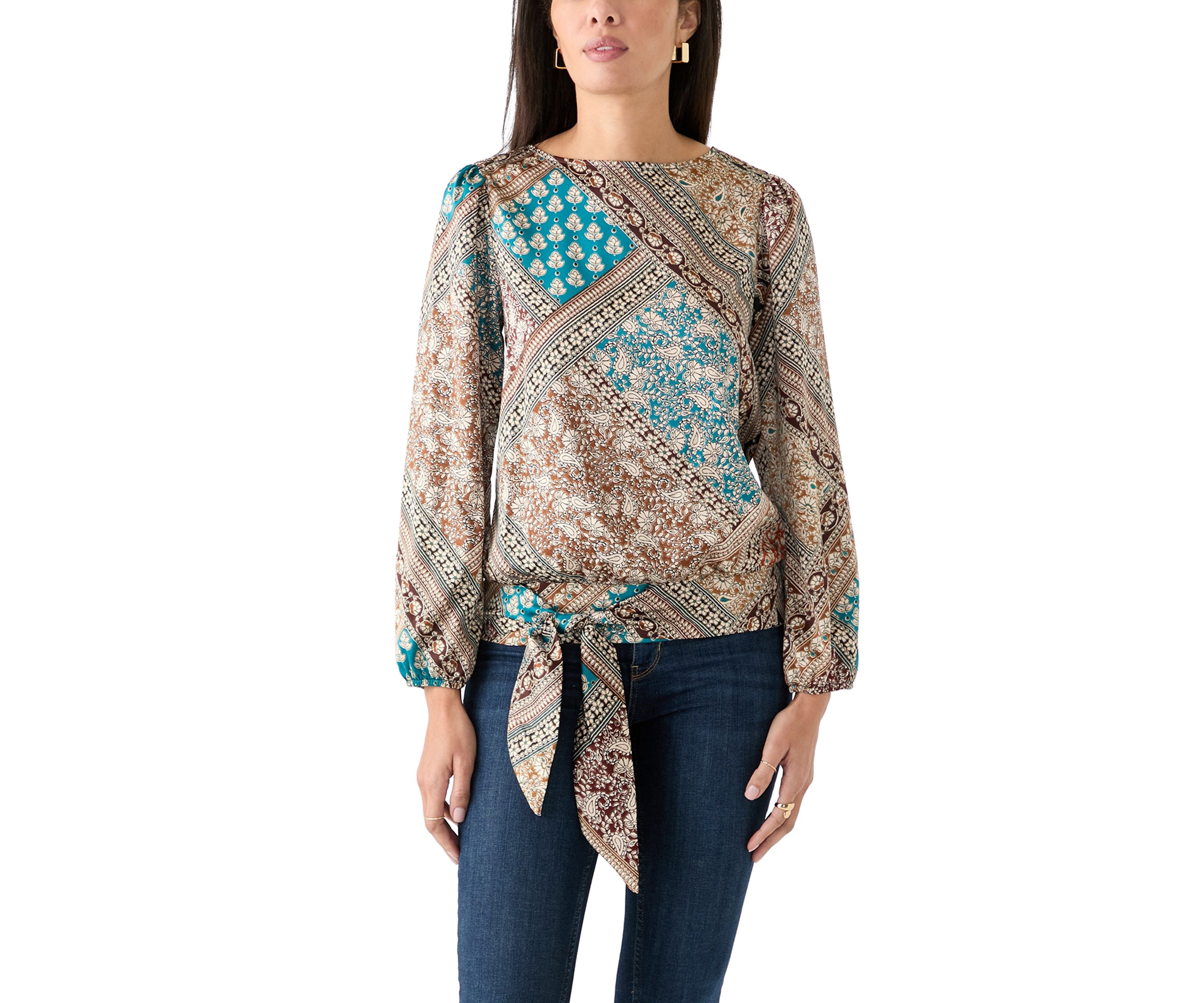 Womens Long Blouson Sleeve Banded Tie Hem Blouse