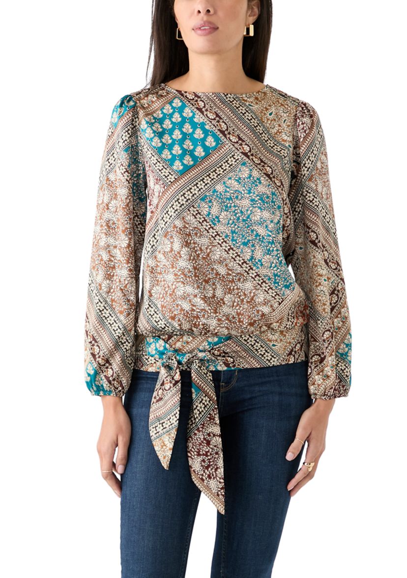 Womens Long Blouson Sleeve Banded Tie Hem Blouse
