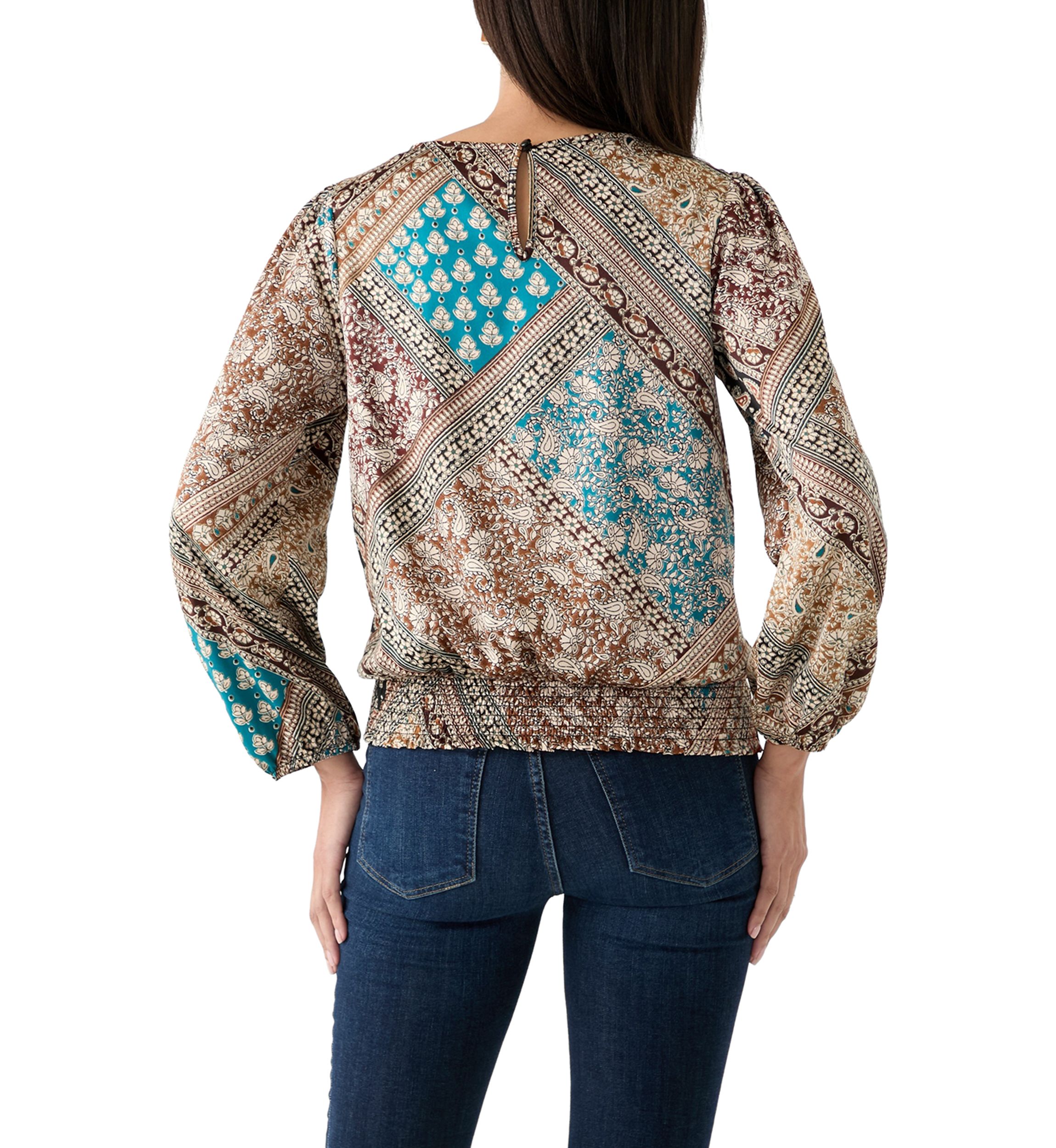 Womens Long Blouson Sleeve Banded Tie Hem Blouse