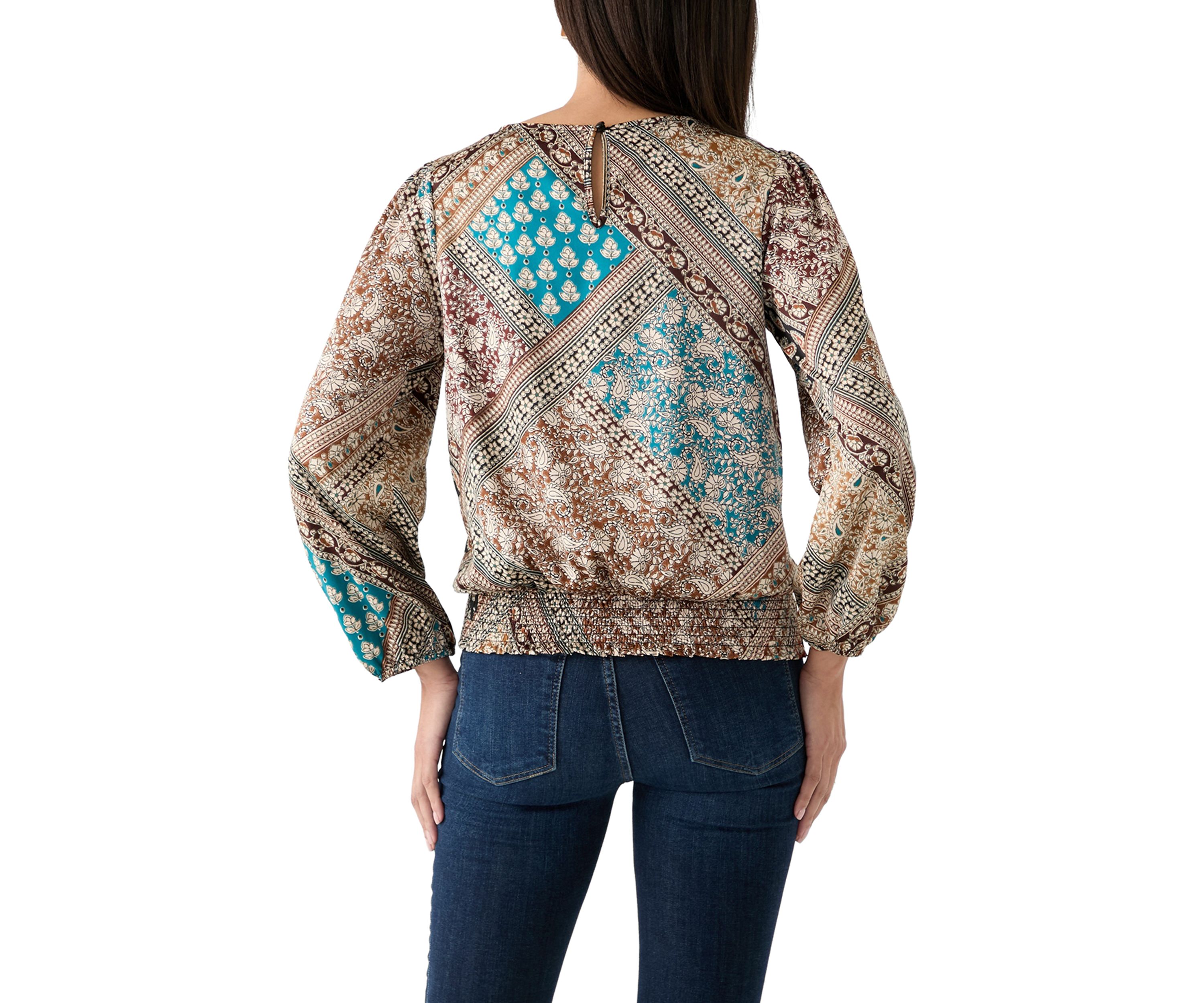 Womens Long Blouson Sleeve Banded Tie Hem Blouse