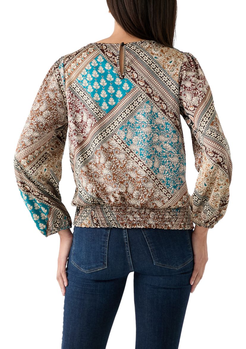 Womens Long Blouson Sleeve Banded Tie Hem Blouse