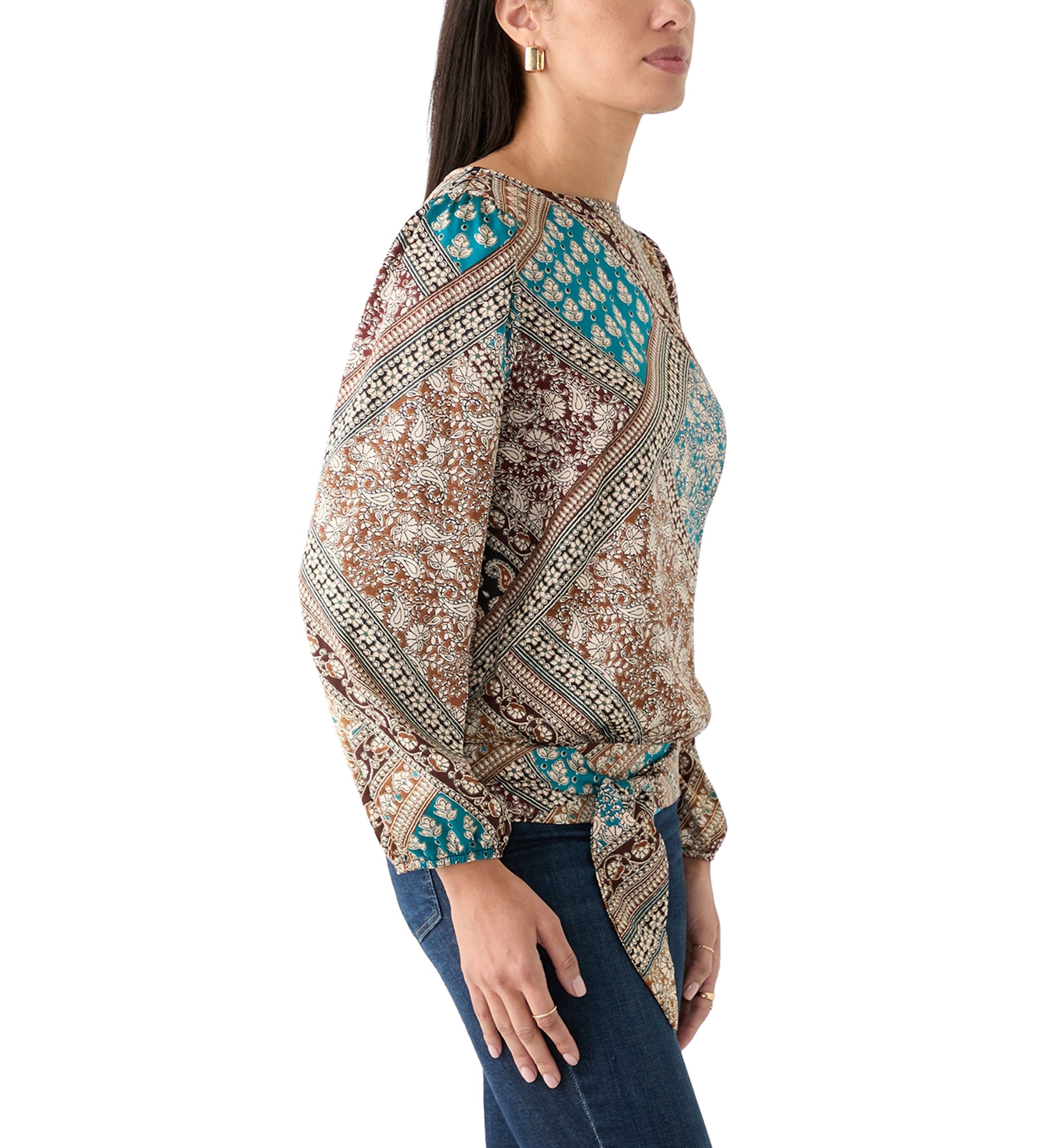 Womens Long Blouson Sleeve Banded Tie Hem Blouse