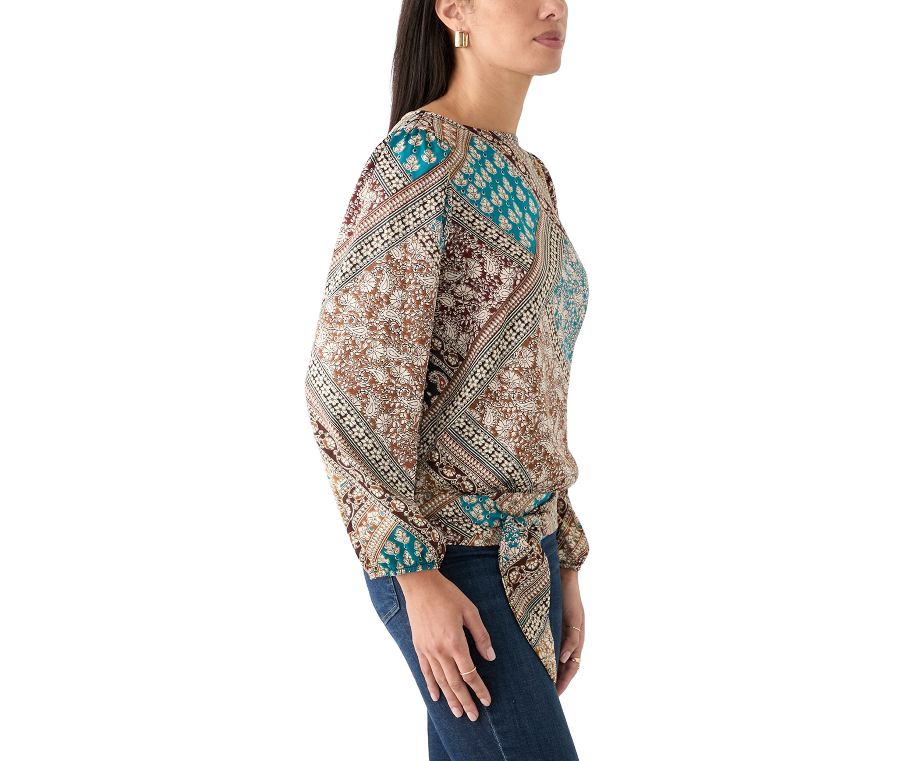 Womens Long Blouson Sleeve Banded Tie Hem Blouse