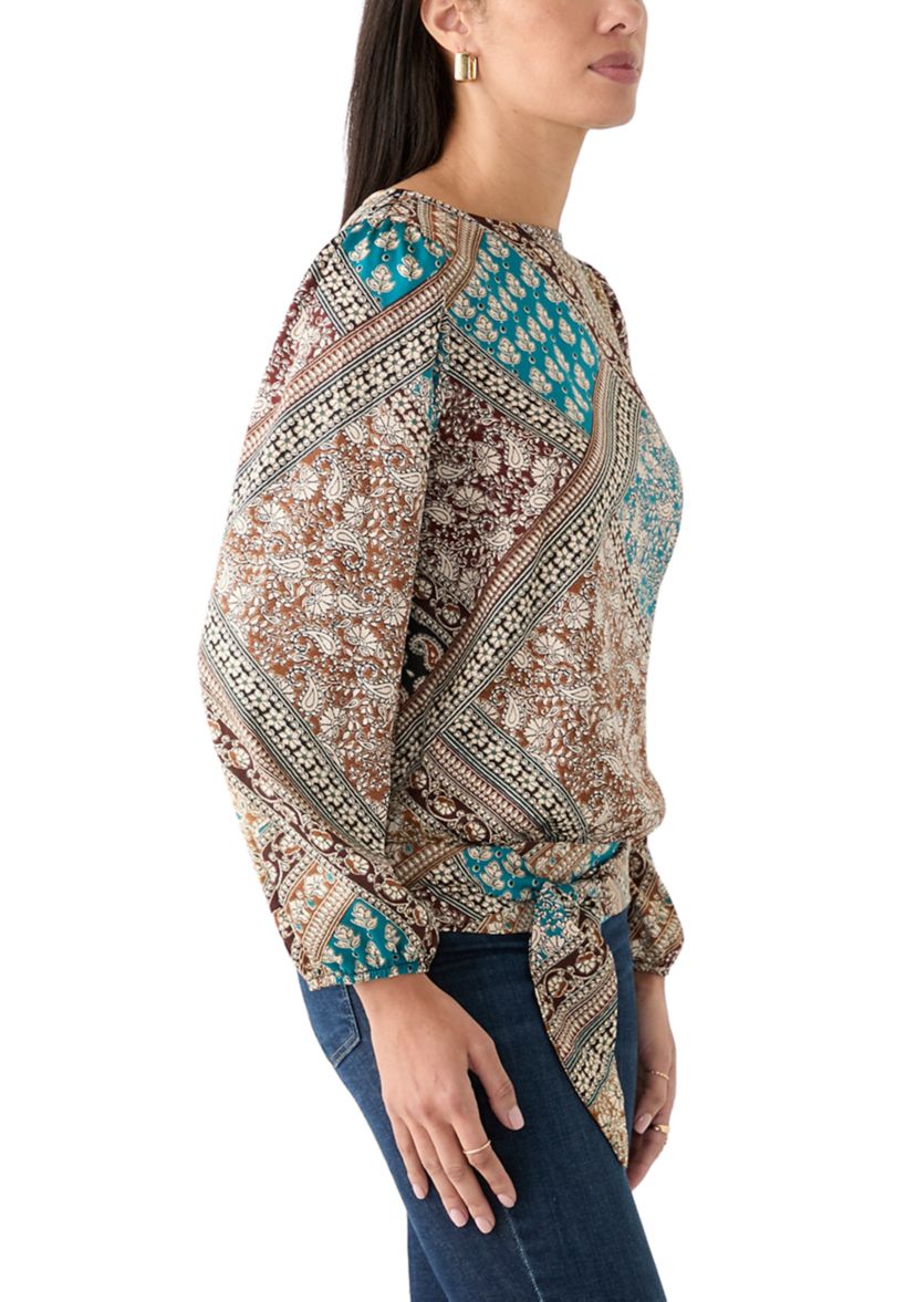 Womens Long Blouson Sleeve Banded Tie Hem Blouse
