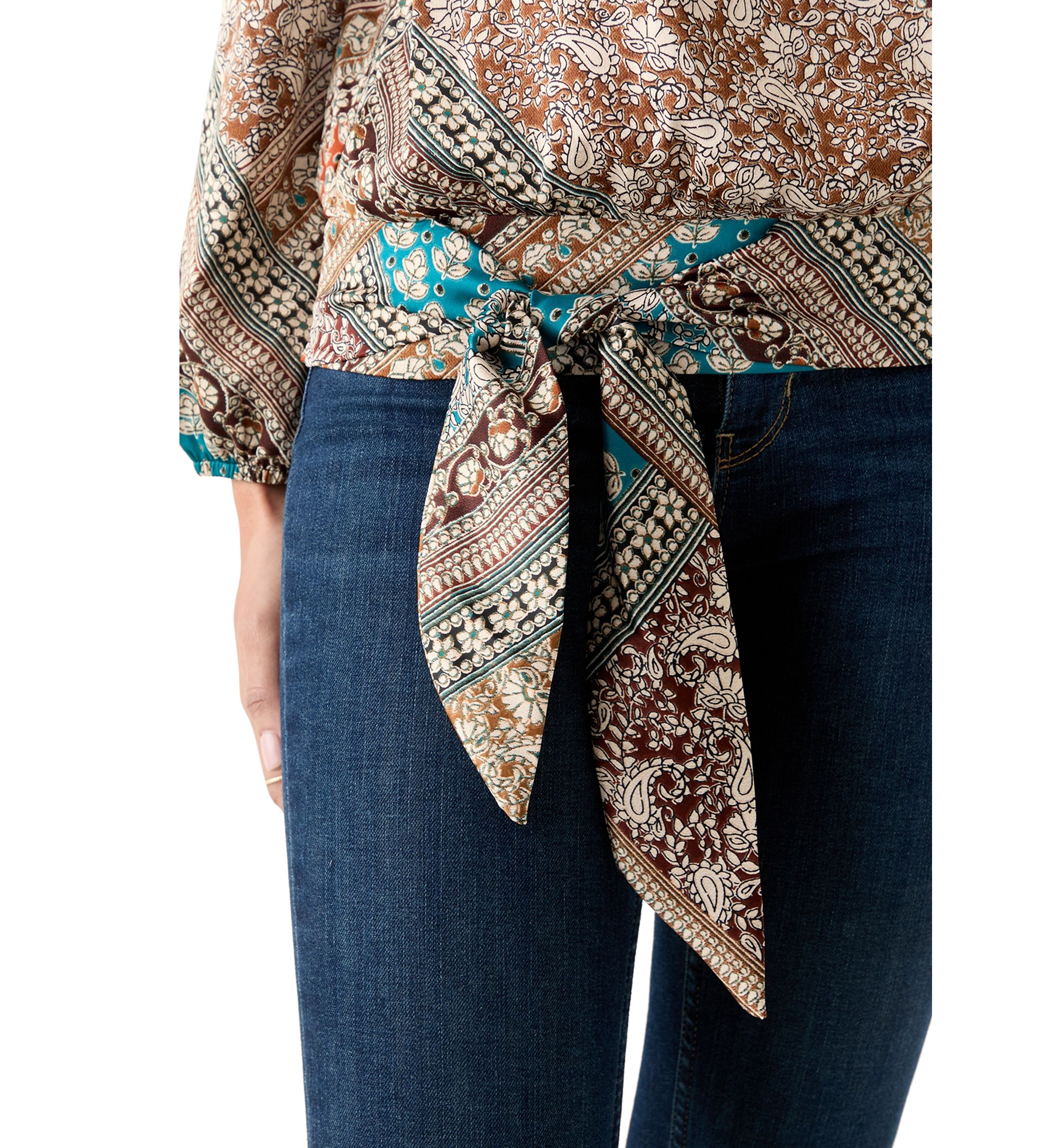 Womens Long Blouson Sleeve Banded Tie Hem Blouse