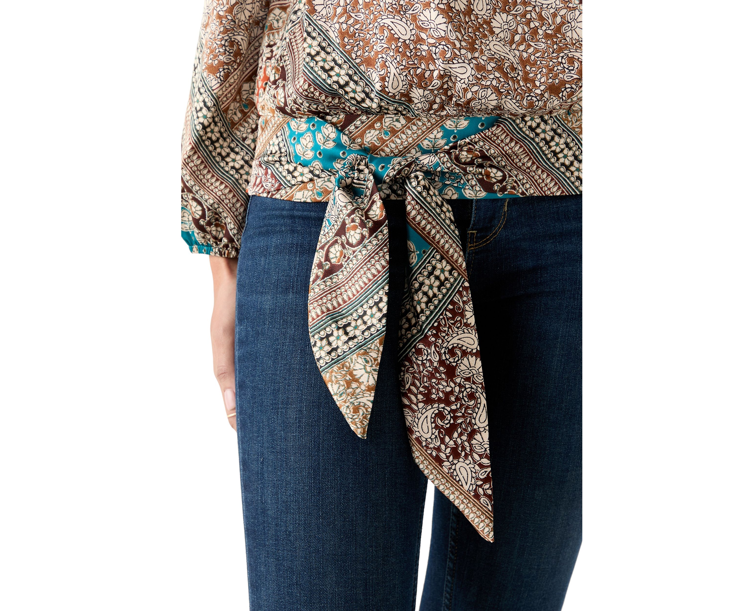 Womens Long Blouson Sleeve Banded Tie Hem Blouse