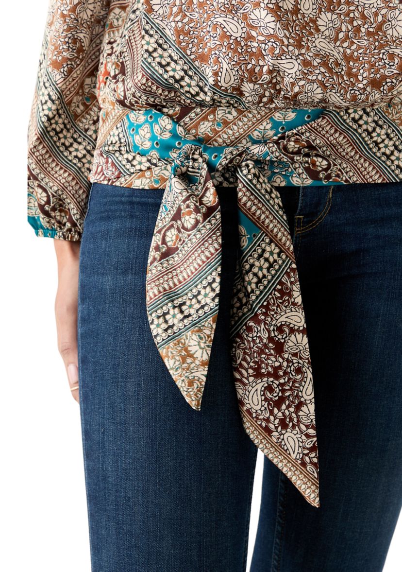 Womens Long Blouson Sleeve Banded Tie Hem Blouse