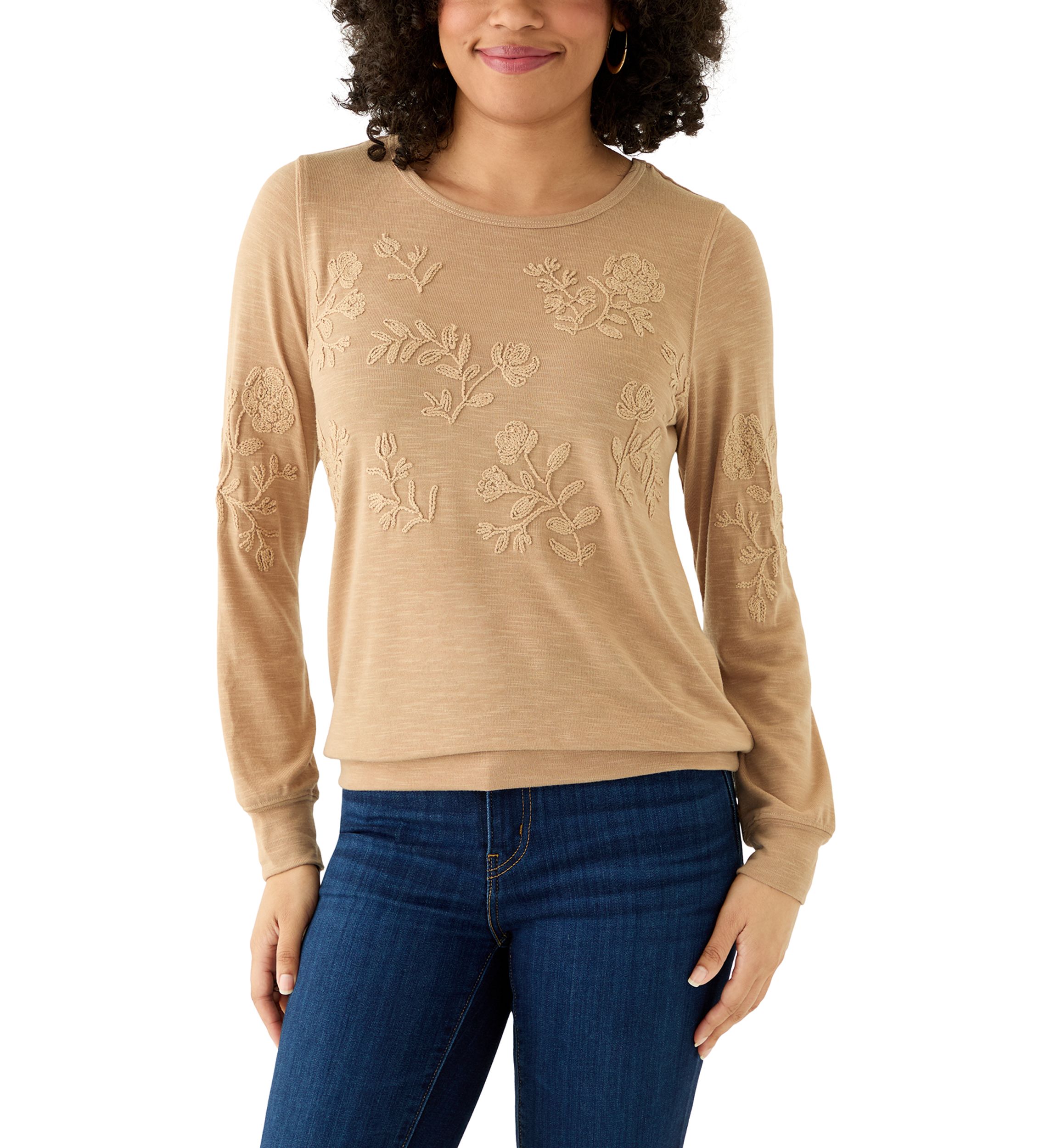 Womens Long Sleeve Embroidered Knit Top