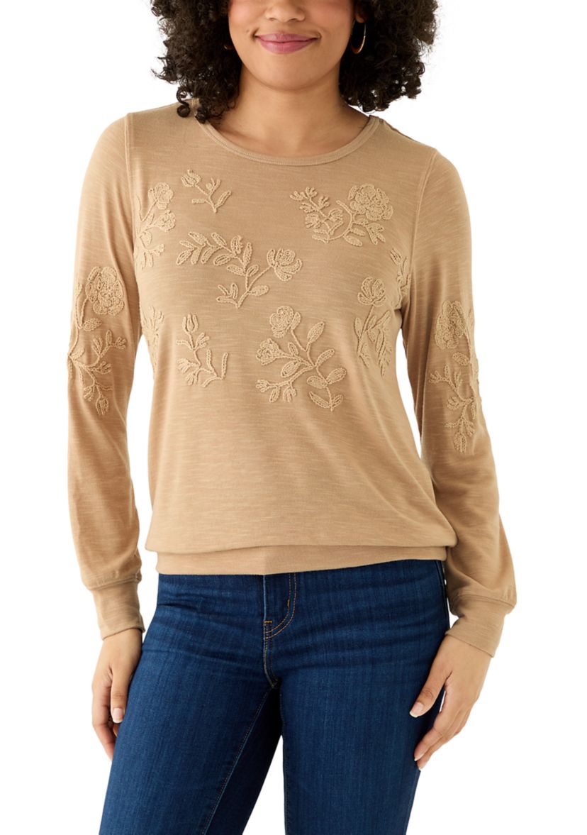 Womens Long Sleeve Embroidered Knit Top