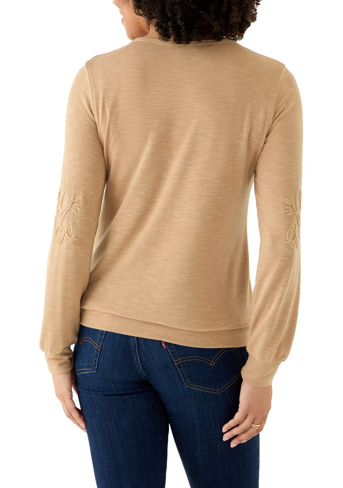 Womens Long Sleeve Embroidered Knit Top