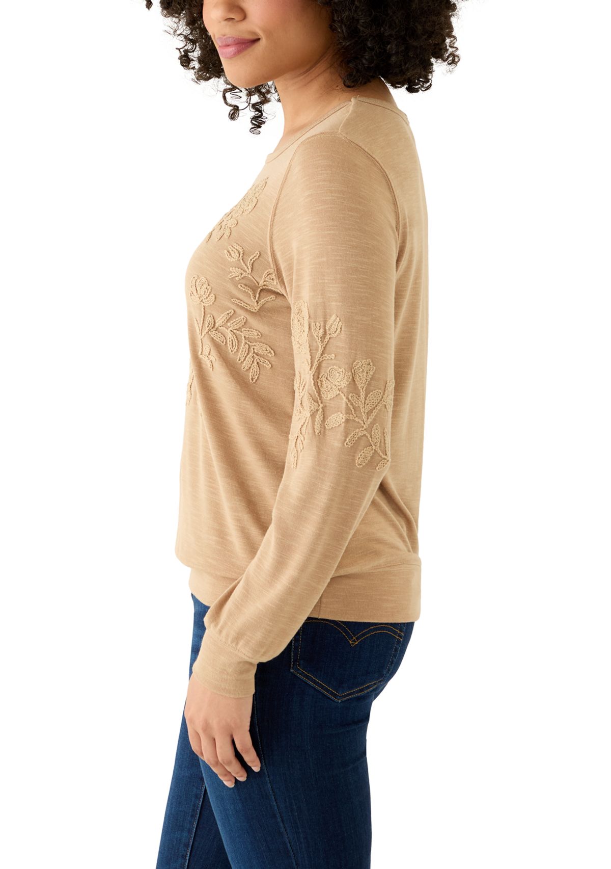 Womens Long Sleeve Embroidered Knit Top