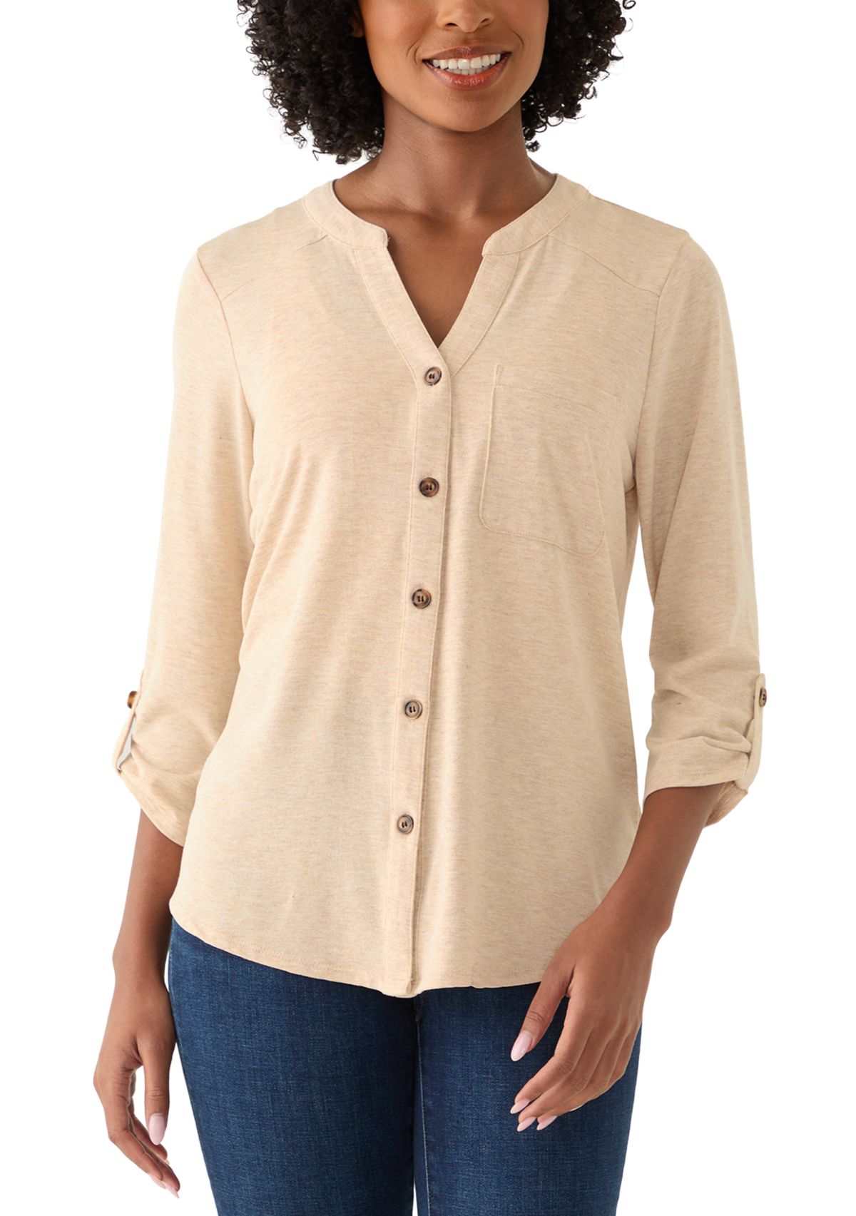Womens Three-Quarter Tie Front Henley Knit Top
