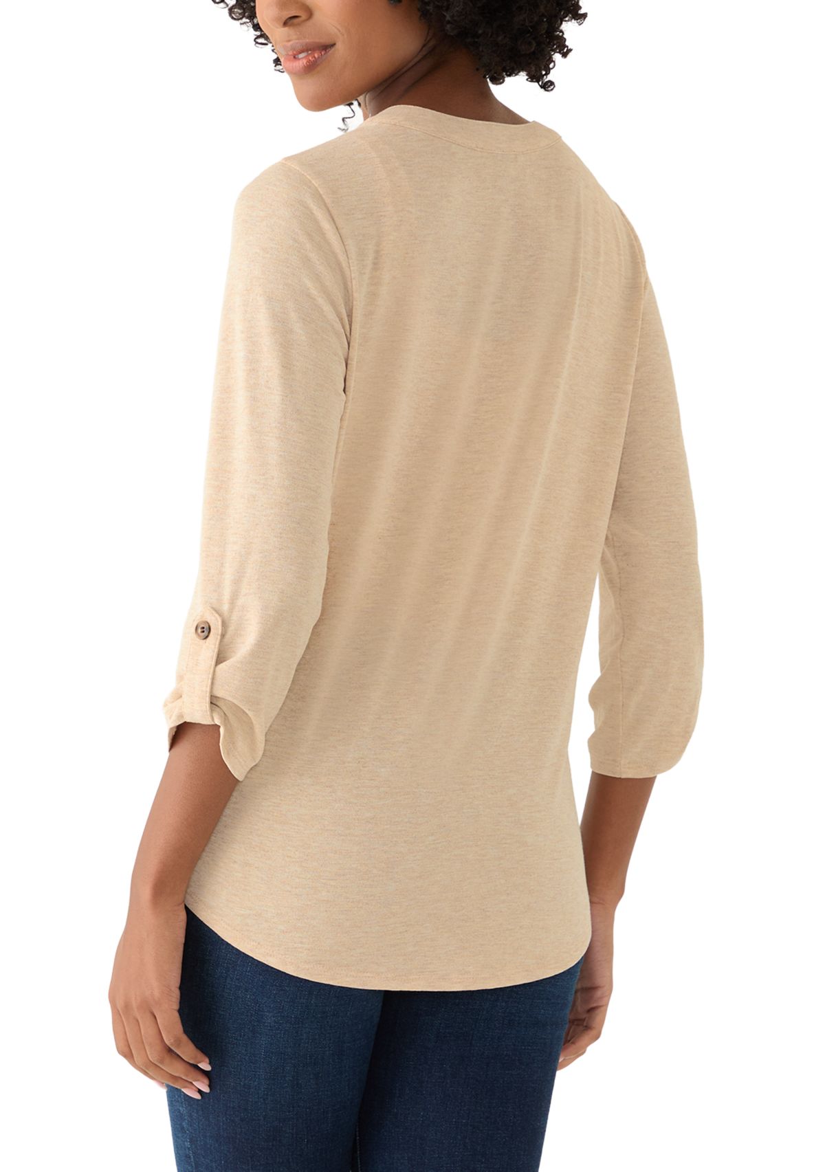 Womens Three-Quarter Tie Front Henley Knit Top
