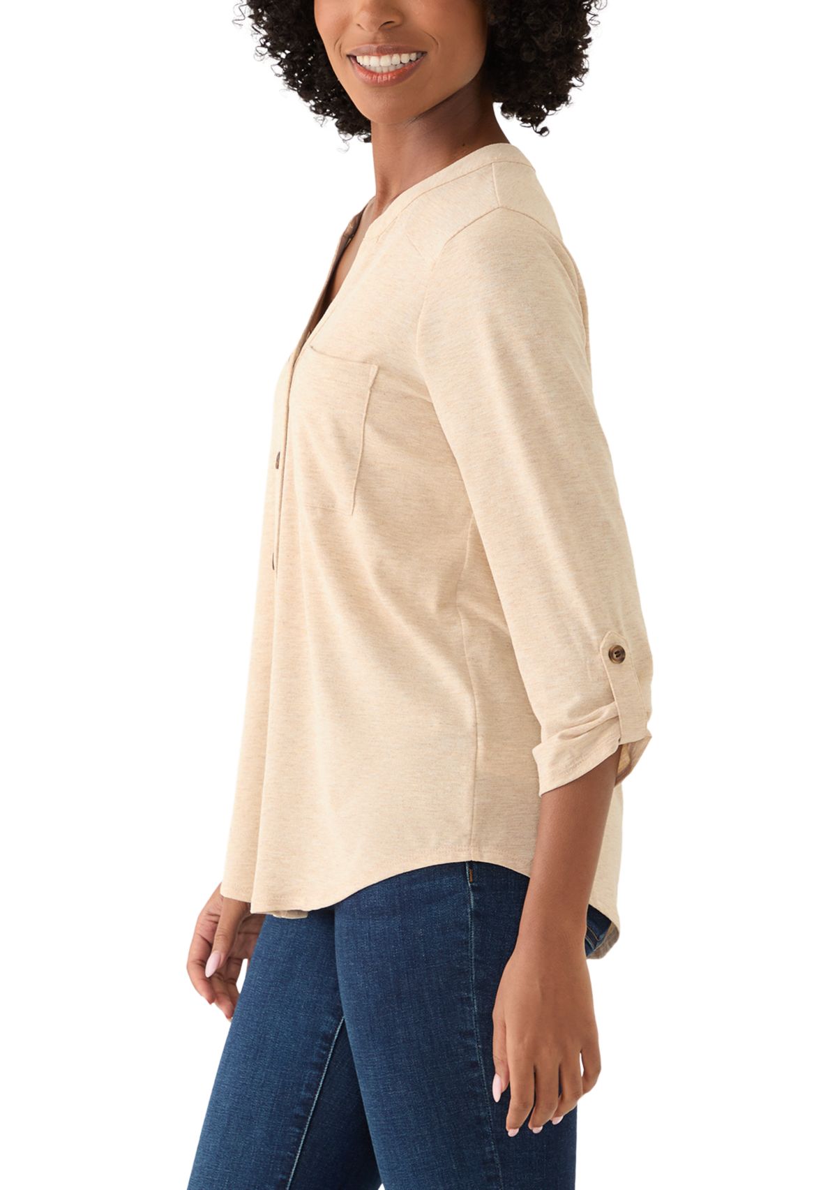 Womens Three-Quarter Tie Front Henley Knit Top