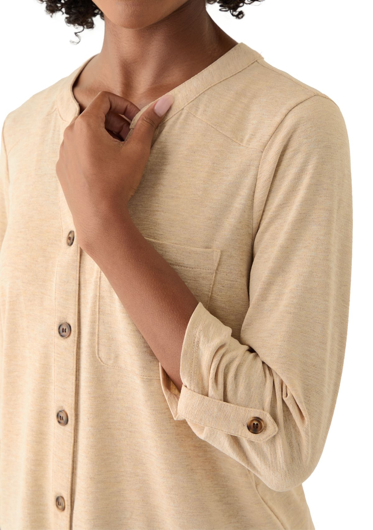 Womens Three-Quarter Tie Front Henley Knit Top