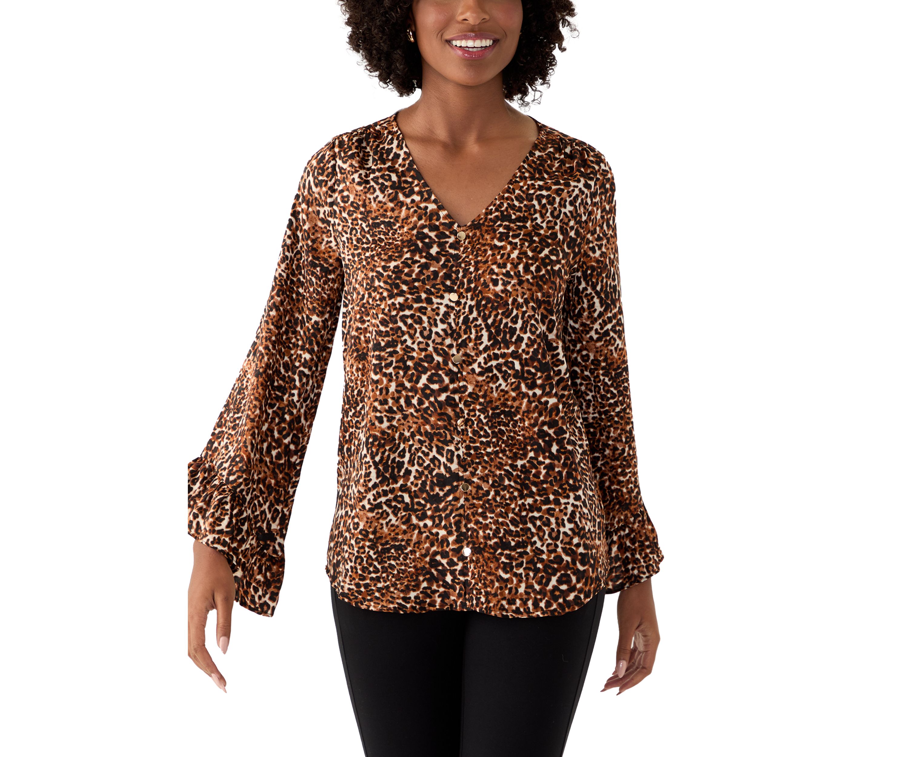 Womens Long Sleeve Printed Ruffle Blouse
