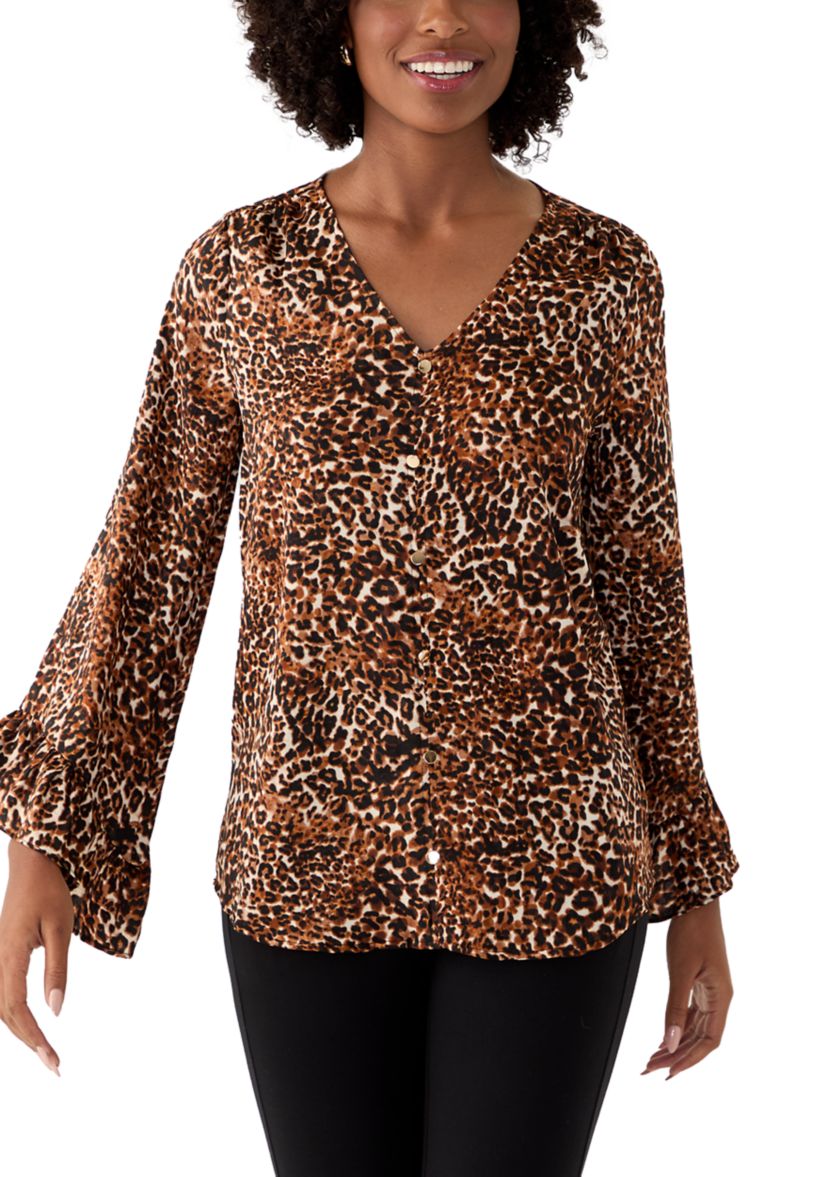 Womens Long Sleeve Printed Ruffle Blouse