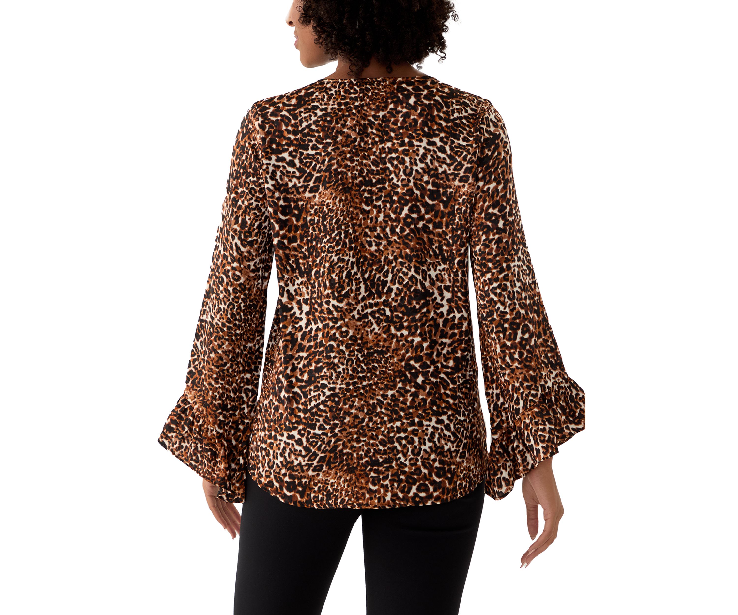 Womens Long Sleeve Printed Ruffle Blouse