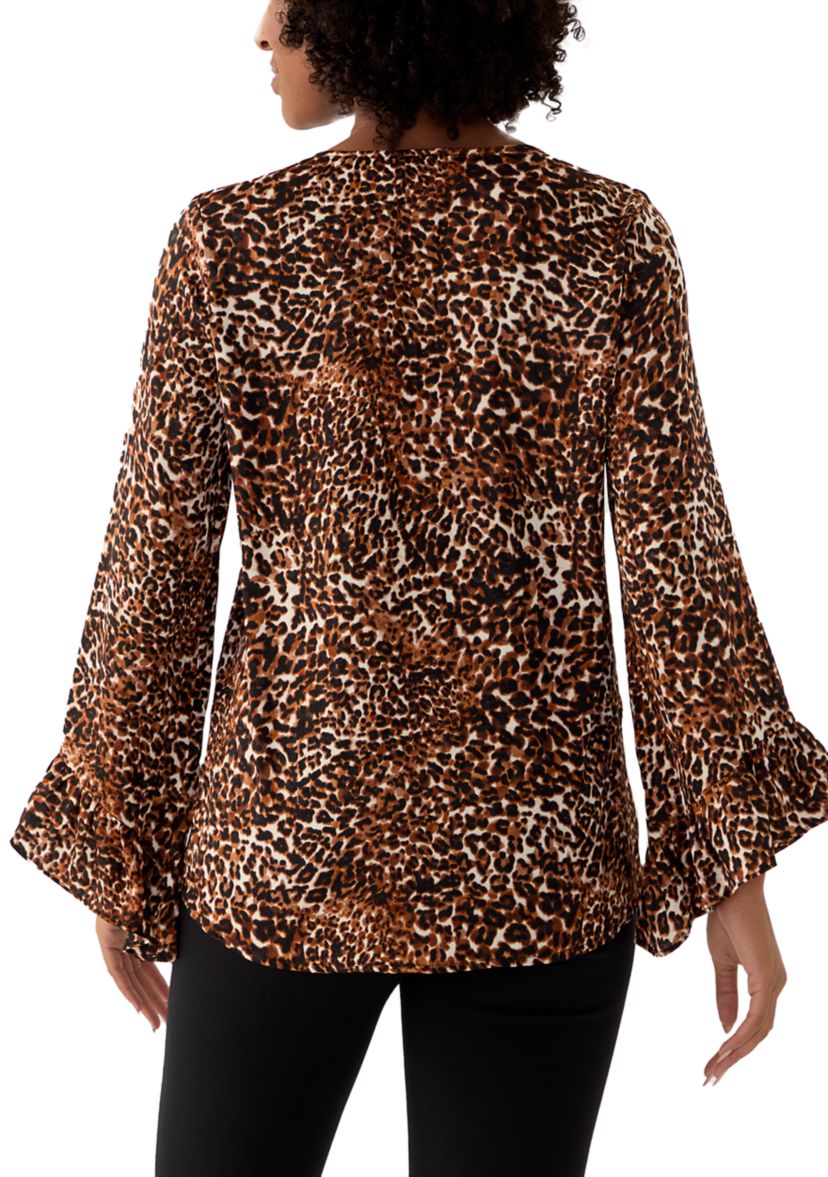Womens Long Sleeve Printed Ruffle Blouse