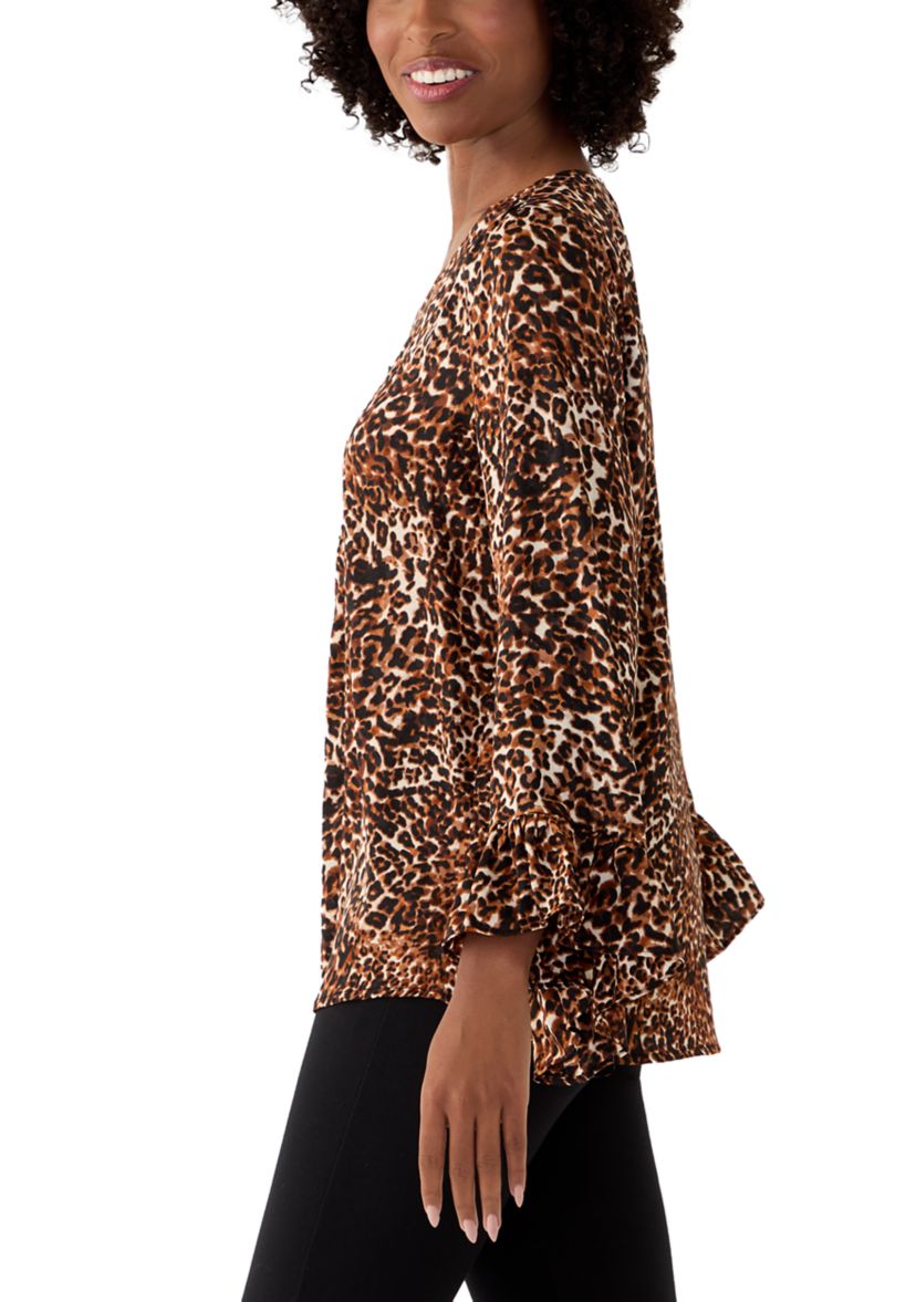 Womens Long Sleeve Printed Ruffle Blouse
