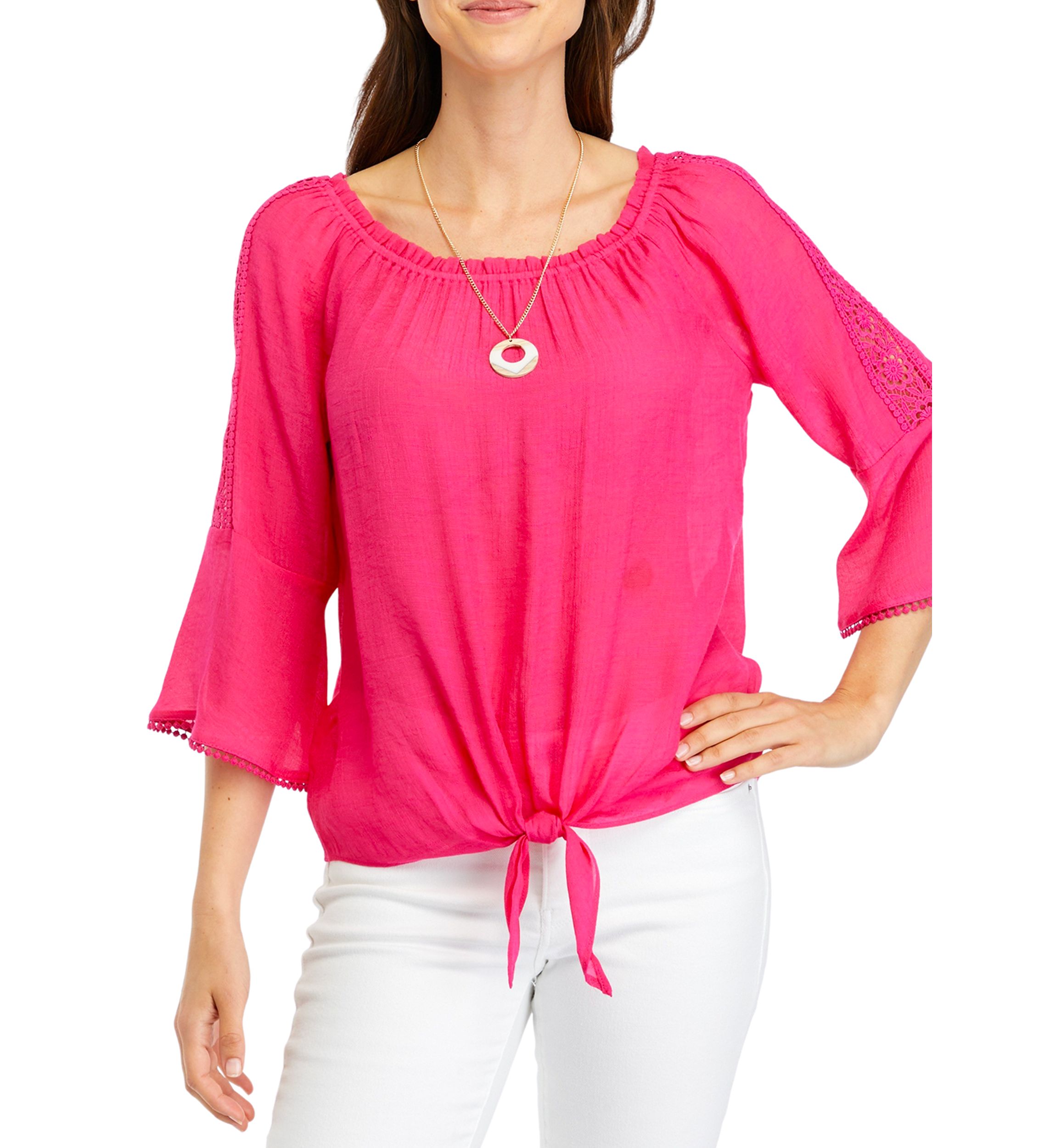 Womens Solid Tie Front Blouse with Necklace