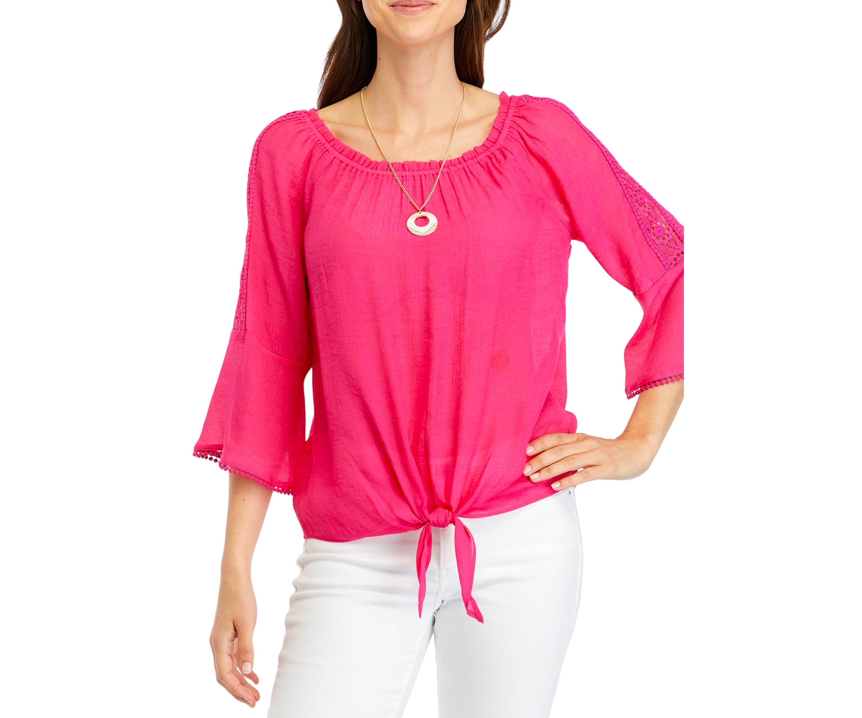 Womens Solid Tie Front Blouse with Necklace