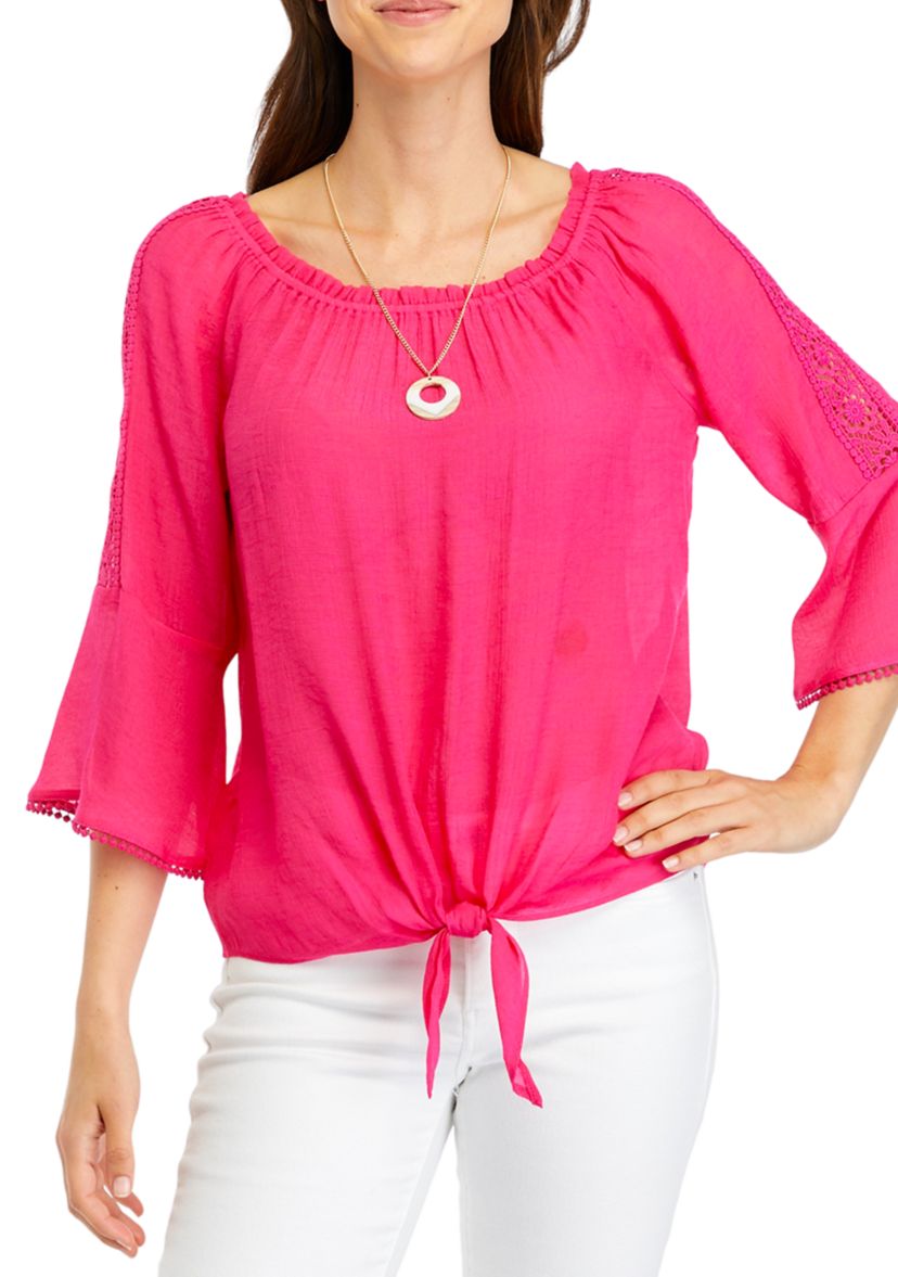 Womens Solid Tie Front Blouse with Necklace