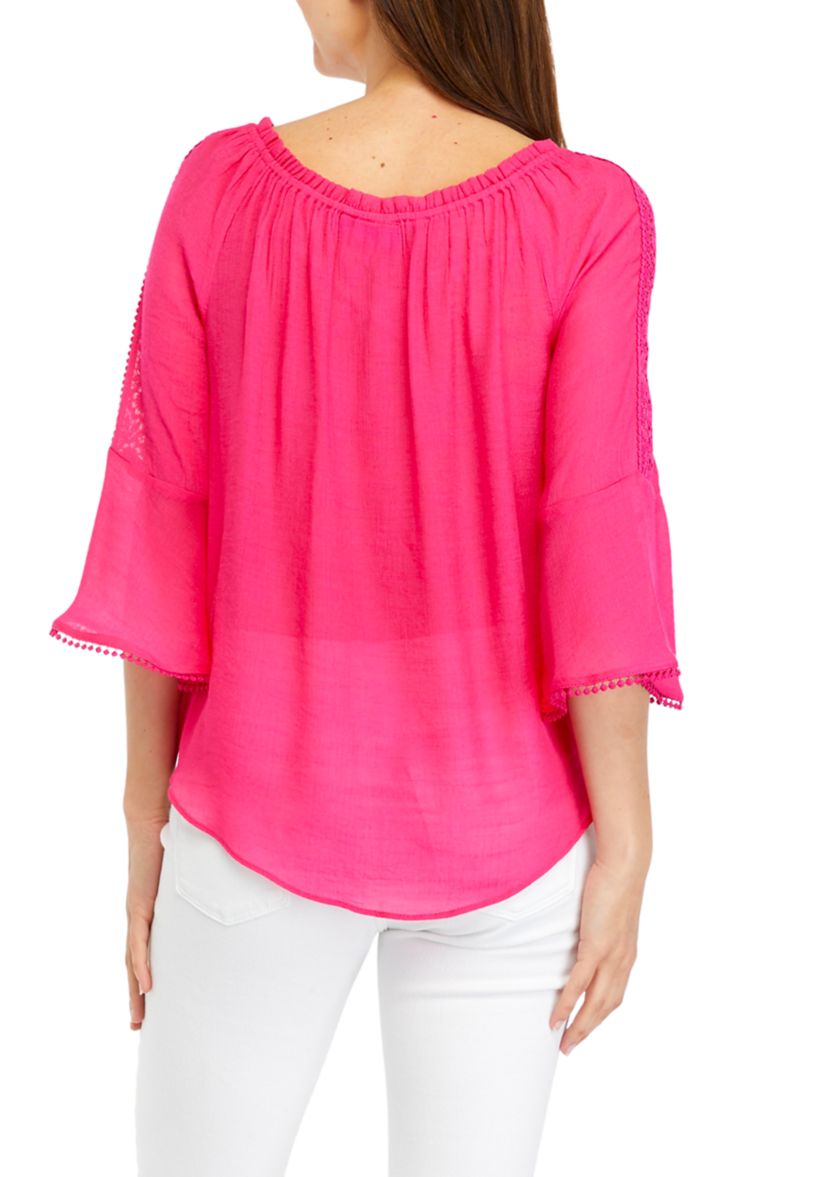 Womens Solid Tie Front Blouse with Necklace