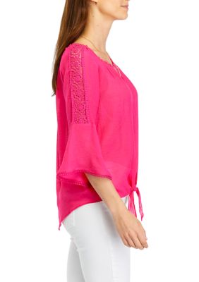 Women's Solid Tie Front Blouse with Necklace