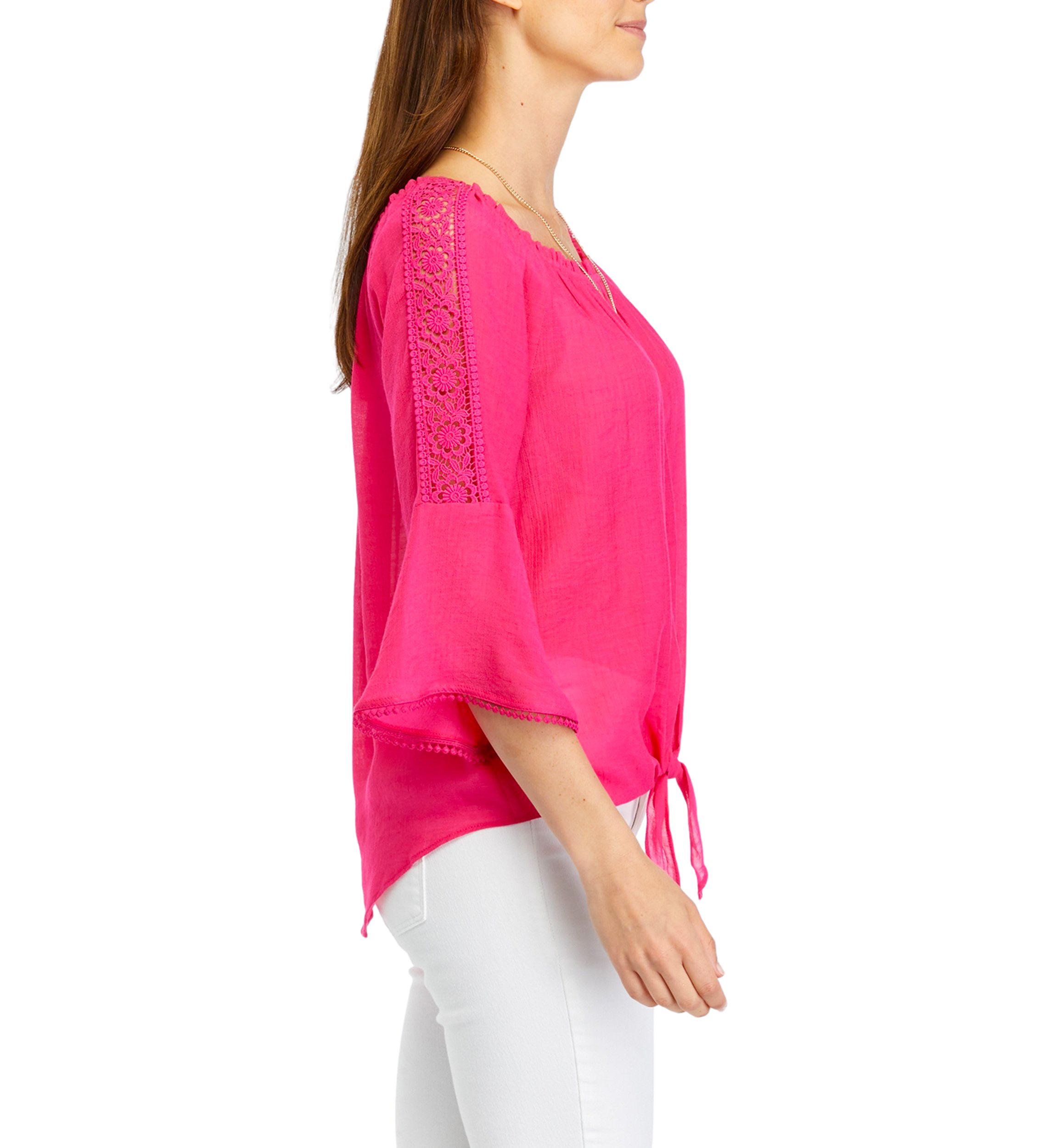 Womens Solid Tie Front Blouse with Necklace