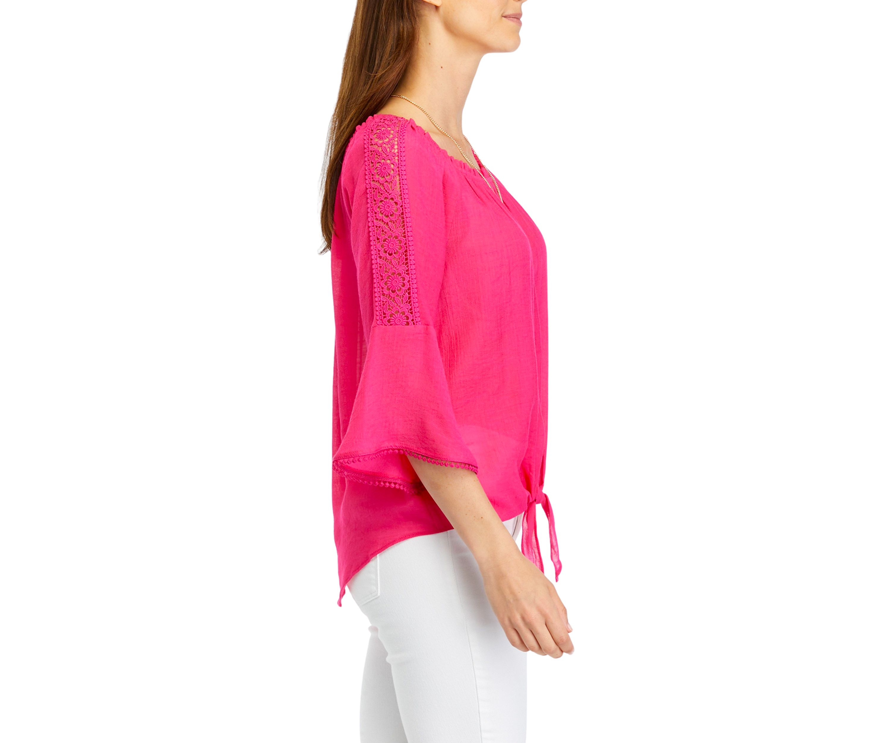 Womens Solid Tie Front Blouse with Necklace