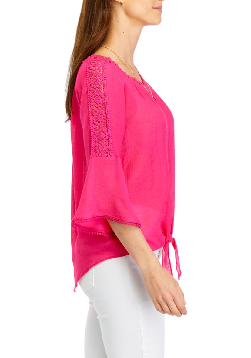 Womens Solid Tie Front Blouse with Necklace