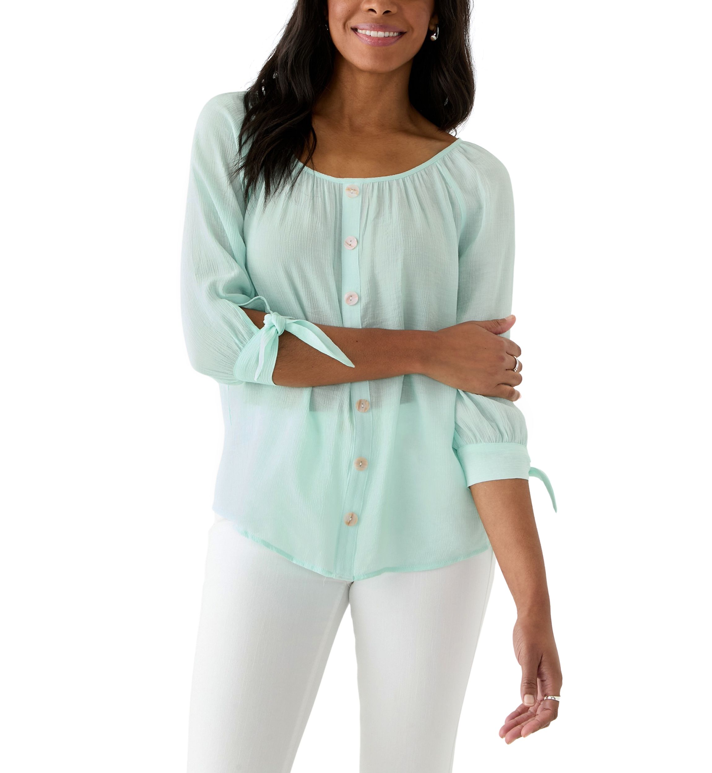 Womens Button Front Tie Sleeve Blouse