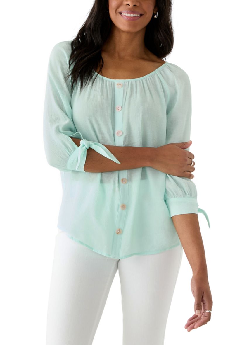 Womens Button Front Tie Sleeve Blouse