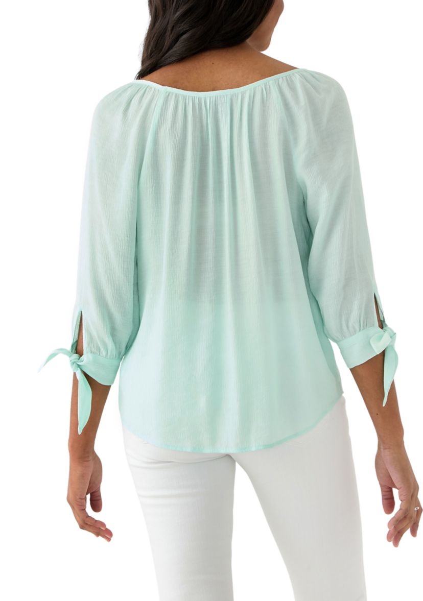 Womens Button Front Tie Sleeve Blouse