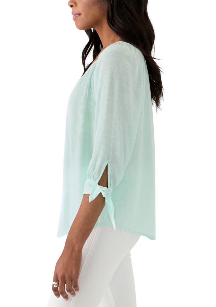 Womens Button Front Tie Sleeve Blouse
