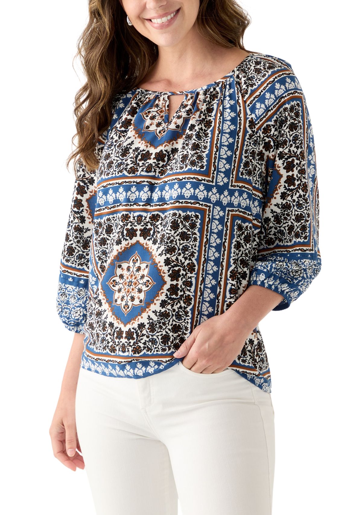 Womens Three-Quarter Sleeve Printed Peasant Blouse